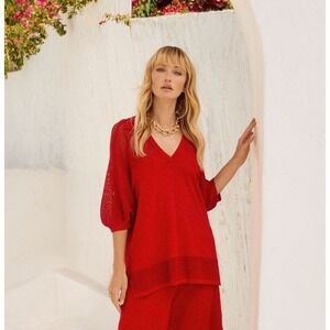 NWT Joseph Ribkoff Mesh Pullover Size Medium Red Collared Knit Sweater Pointelle